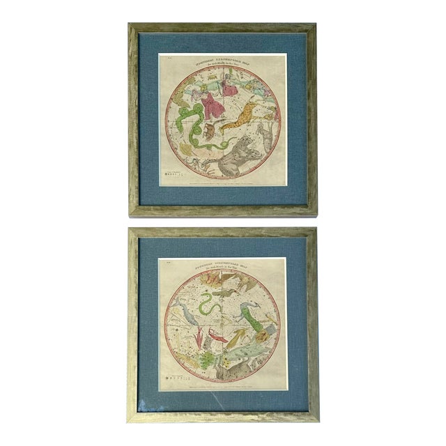 1835 Elijah Burritt Celestial Atlas Prints – Geography of the Heavens Constellation Engravings, Hand-Colored Pair, Framed For Sale