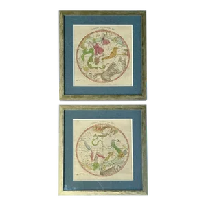 1835 Elijah Burritt Celestial Atlas Prints – Geography of the Heavens Constellation Engravings, Hand-Colored Pair, Framed