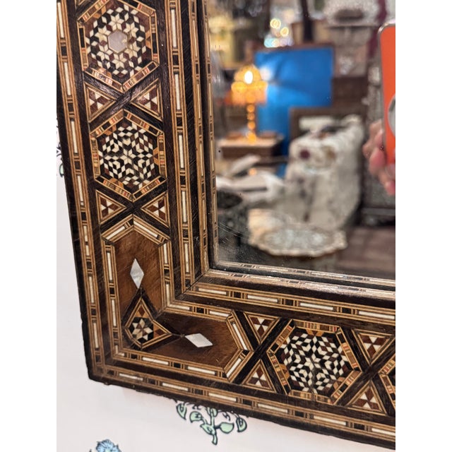 Vintage Marquetry Wood Inlay Mirror With Mother-of-Pearl Accents For Sale - Image 4 of 6