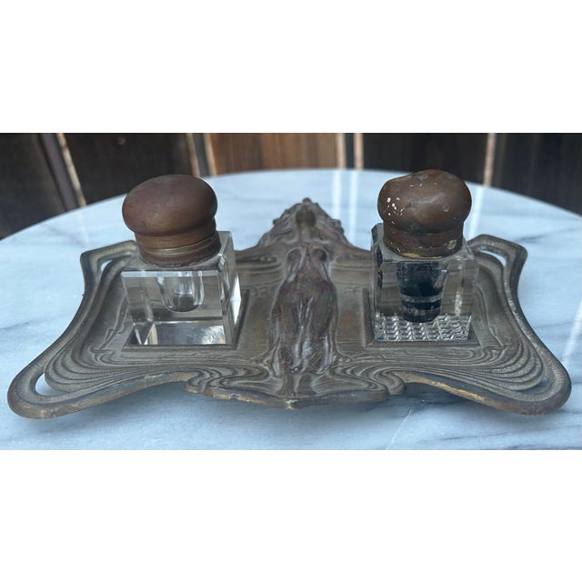 Drawing/Sketching Materials French Art Nouveau Figural Brass Double Inkwell Desk Set For Sale - Image 7 of 10