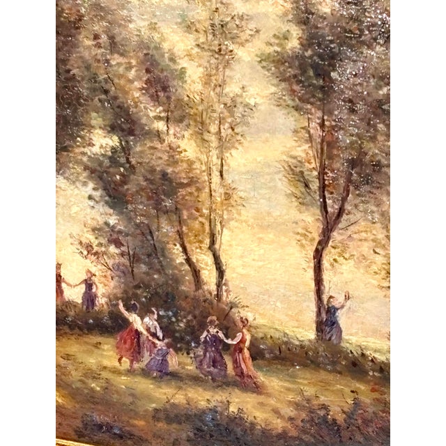 A delightful 19th-century oil on canvas depicting a lyrical scene of nymphs dancing in a clearing. This work is a high-...