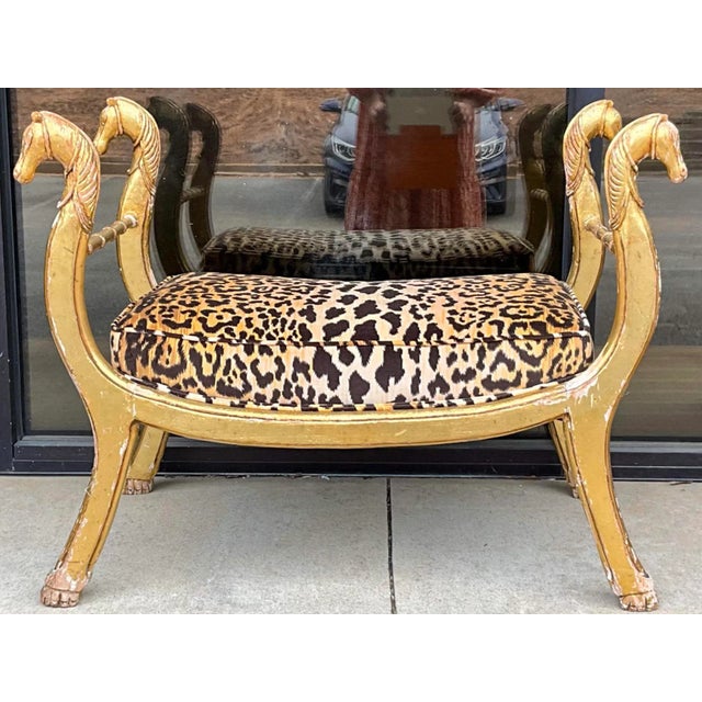 Gold 19th-C. Neo-Classical Maison Jansen Style Giltwood Bench / Ottoman in Leopard Velvet For Sale - Image 8 of 8