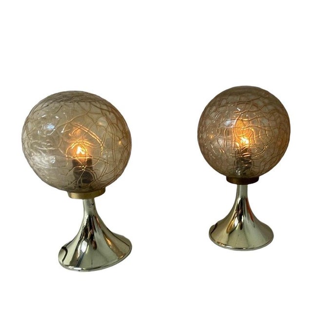 Bedside Table Lamps with Gold Colored Base and Patterned Glass Shade from Briloner Leuchten, Germany, 1970s, Set of 2 For Sale - Image 3 of 9