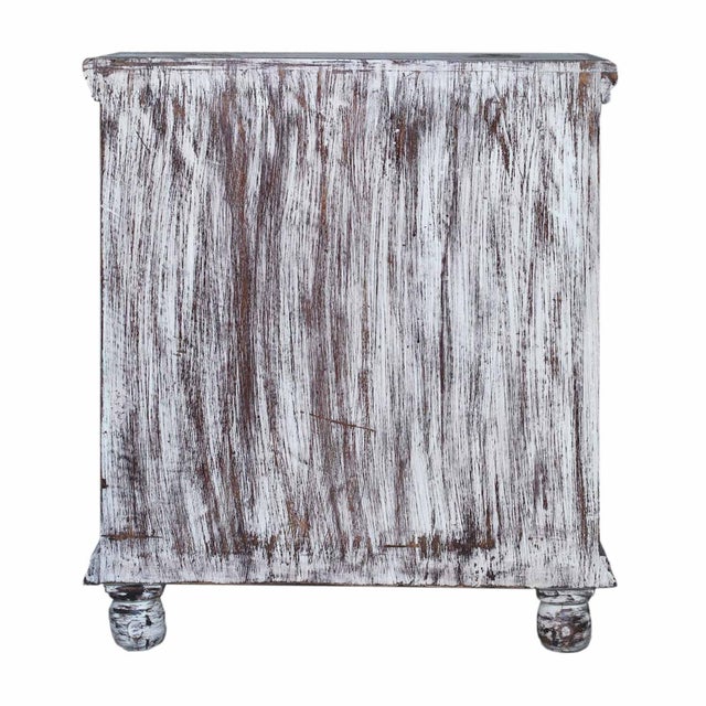 1950s Hand Carved Mango Wood Sideboard With Brass Accents | Distressed White Entryway Cabinet | Rustic Small Credenza | Boho Kitchen Storage Unit For Sale In Houston - Image 6 of 7