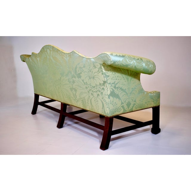 Custom George III Mahogany Camel Back Sofa With Damask Silk Upholstery For Sale - Image 9 of 16