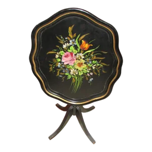 1920s Antique Hand Painted Wood Tilt Top Candle Stand Table