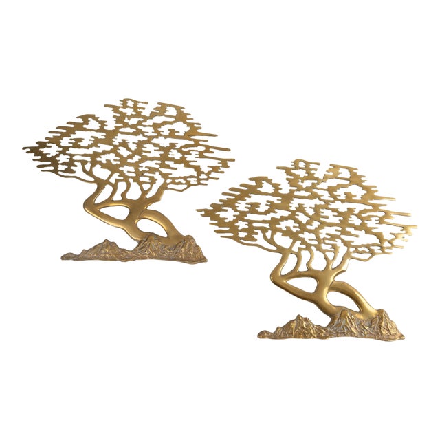 Vintage Korean Brass Bonsai Tree Wall Art Sculptures - A Pair For Sale