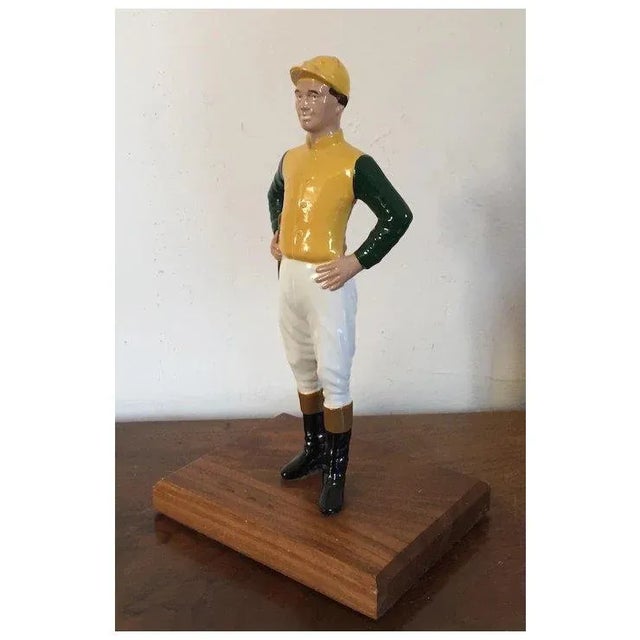 Wood Iron Desk Top Statue of a Horse Jockey Dressed in Silks, Cap, Jodhpurs, Boots and Carrying a Riding Crop Mounted on Mahogany Base Door Stop For Sale - Image 7 of 10