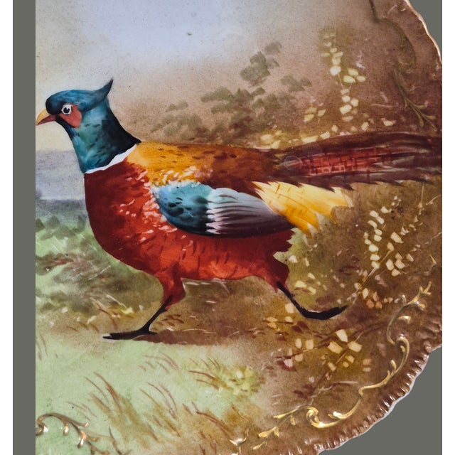 Ceramic Antique Limoges French Hand Painted Gilded Pheasant Scalloped Edge Wall Plate For Sale - Image 7 of 10