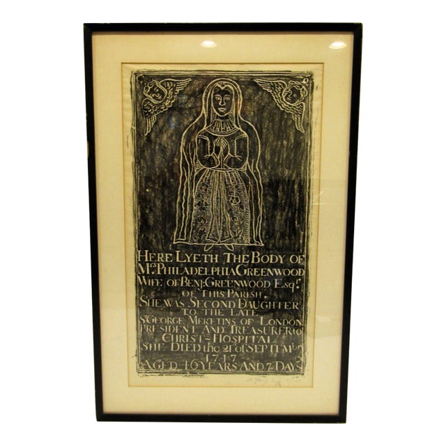 Original St. Mary Cray 1967 Brass Rubbing of Mrs. Philadelphia Greenwood Tombstone For Sale