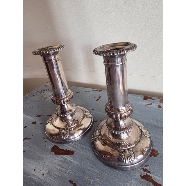 Pair of Antique Sheffield Silver Plated Candlestick Holders With Shell Design For Sale - Image 4 of 12