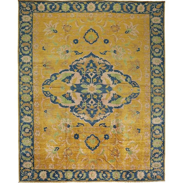 Handwoven Yellow/Blue Traditional Indian Agra Area Rug 12'4" X 15'4" For Sale - Image 10 of 10
