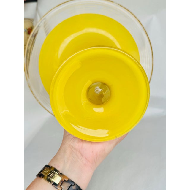 Yellow Vintage Bohemian Czech Handblown Yellow Glass Vase With Painted Gold Rings and Wide Rim – Mid-Century Gilded Art Glass Centerpiece For Sale - Image 8 of 11