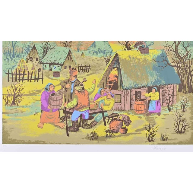 Color screenprint realized by Mijo Kovacic (b. 1935). Edition of 90. Hand signed and numbered in pencil. The work depicts...