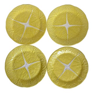 Mid-Century Secla Portuguese Yellow Majolica Cabbage Leaf Plates – Set of 4 For Sale