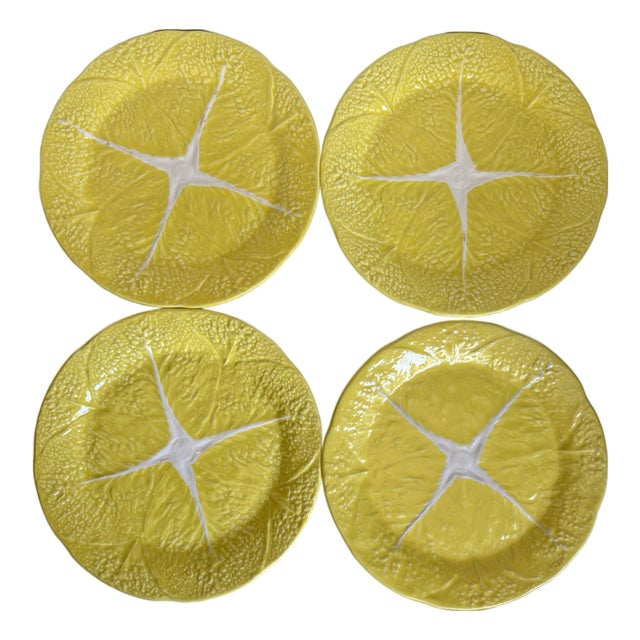 Mid-Century Secla Portuguese Yellow Majolica Cabbage Leaf Plates – Set of 4 For Sale