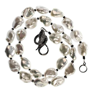 Iridescent Silver Baroque Pearl Necklace and Diamond Accents
