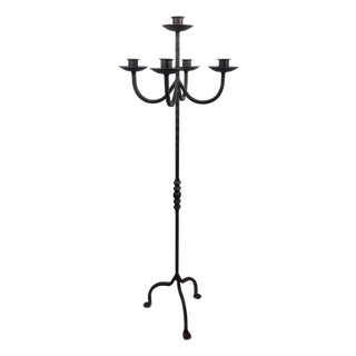 Hand Forged Iron Floor Candelabra 48.5″ (123cm) Antique Copper Patina 3-Arm Wide Base Stable Candle Holder Rustic Decor For Sale