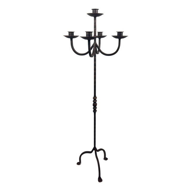 Hand Forged Iron Floor Candelabra 48.5″ (123cm) Antique Copper Patina 3-Arm Wide Base Stable Candle Holder Rustic Decor For Sale