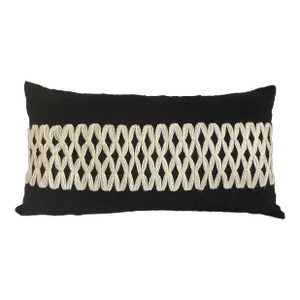 Contemporary Black & White Trellis Embroidered Taffeta Lumbar Pillow Cover