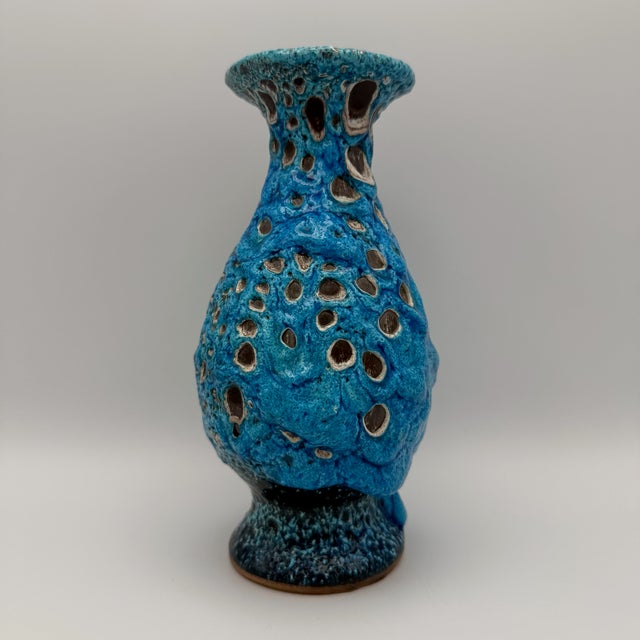 Brutalist Fat Lava Blue Turquoise Ceramic Vase by Charles Cart, Vallauris, France, 1960s For Sale - Image 4 of 15