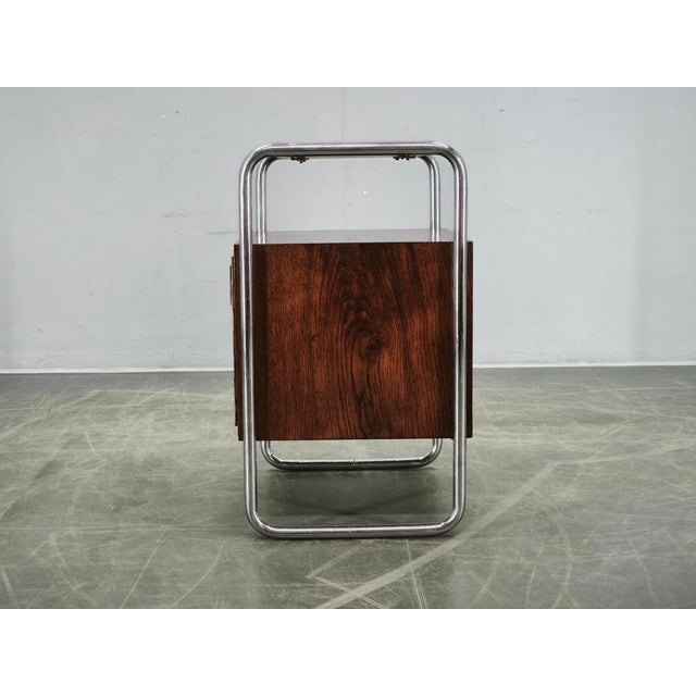 Bauhaus Tubular Chrome and Oak Nightstand, Former Czechoslovakia, 1940s For Sale - Image 9 of 14