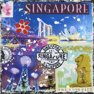"Singapore Postcard" Contemporary Original Pop Art Cityscape Mixed-Media Painting by Marion Duschletta