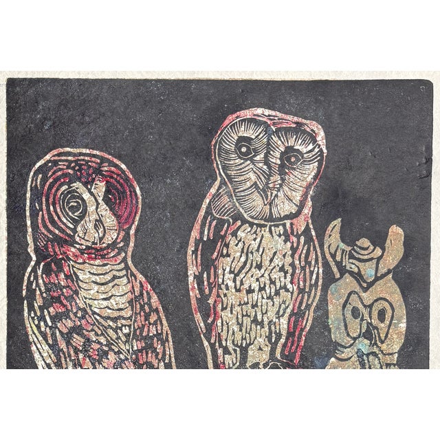 Printmaking Materials Vintage MCM Woodcut/Engraving Titled ‘Three Owls’ Signed by Fannie Mennen (1903-1995) For Sale - Image 7 of 9