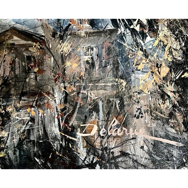 Brown Lucien DelarueLarge French Oil Painting Paris, Seine River w Bridge, Landscape, Lucien Delarue, c.1950's For Sale - Image 8 of 12