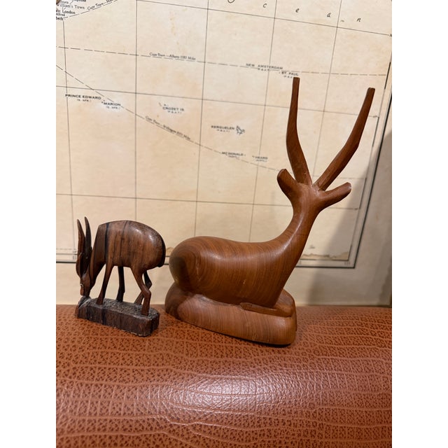2000 - 2009 Vintage Hand-Carved Wooden Antelope Sculptures – African Safari Style Decor, Organic Modern Pair For Sale - Image 5 of 7