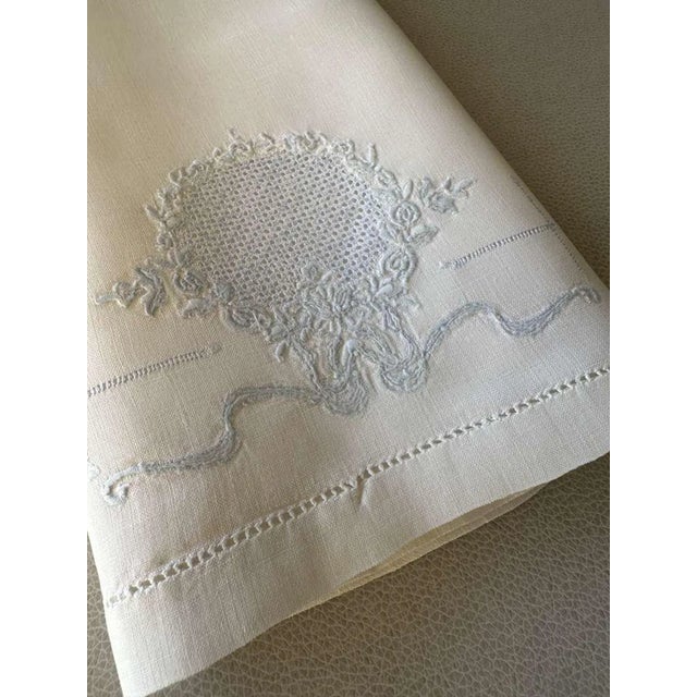 1930s Vintage Heirloom Linen Guest Towel with Hand Drawn Thread Medallion and Blue Embroidery, Single European Fingertip Towel For Sale - Image 5 of 10