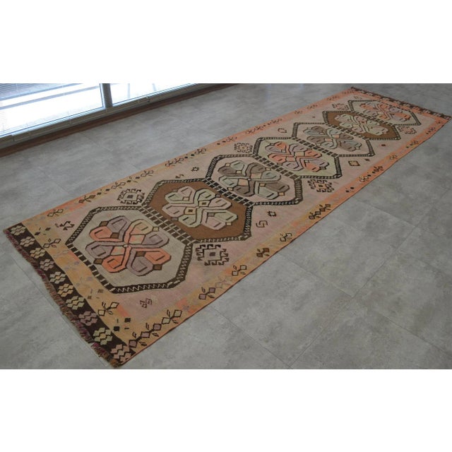 Tribal Vintage Turkish Handmade Kilim Runner Rug Full Tribal Design Primitive - 3′5″ × 12′8″ For Sale - Image 3 of 10