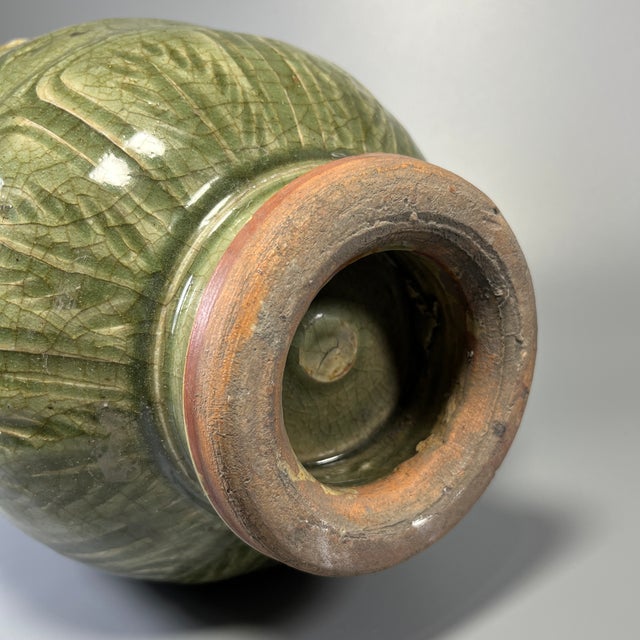 Ceramic Chinese Celadon Dragon Relief Lidded Vase, Collectible Decorative Vessel For Sale - Image 7 of 7