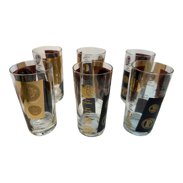 Vintage Mid Century Barware Glasses - Gold Presidential Coins- Set of 6 For Sale