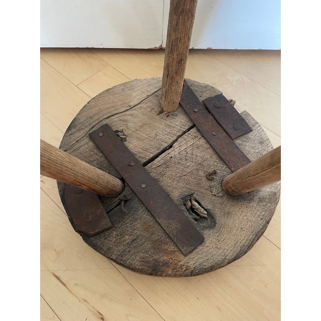 Brown Antique 3 Legged Milking Butcher Stool Reinforced Primitive Iron Straps For Sale - Image 8 of 12