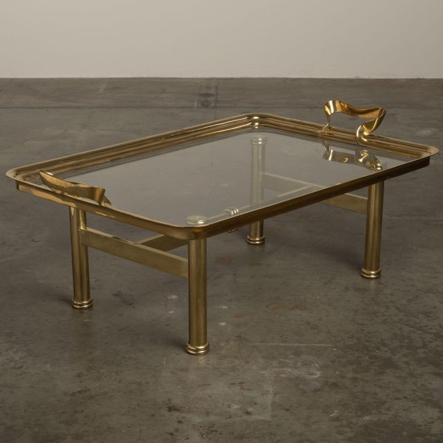 1980s Brass & Glass Coffee Table Glam Metal Chic Tray-Form For Sale In Los Angeles - Image 6 of 11
