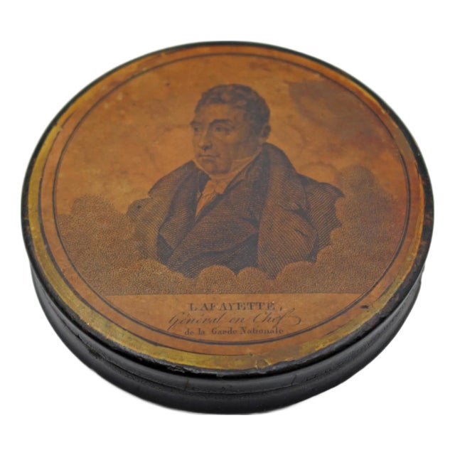 Circa 1830s French or American Papier Mache Lafayette Portrait Snuff Box For Sale