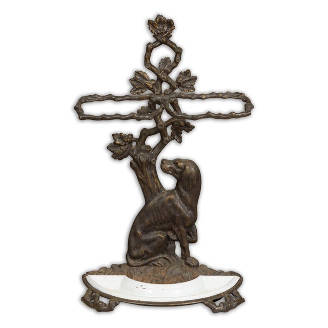 Early 20th Century English Iron Umbrella Stand with Dog and Tree Motif and White Receptacle For Sale - Image 5 of 12