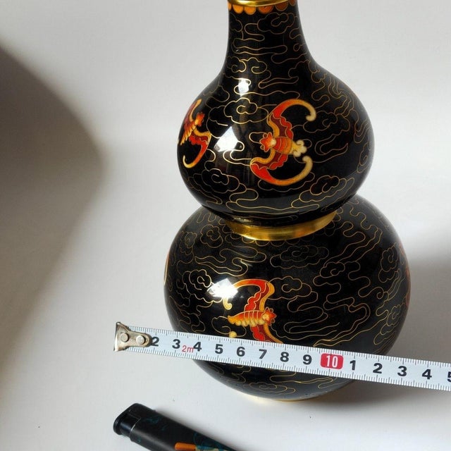 Black Vintage Cloisonné Enamel Double-Gourd Vase – Black Ground With Gilt Bat & Cloud Motif For Sale - Image 8 of 8