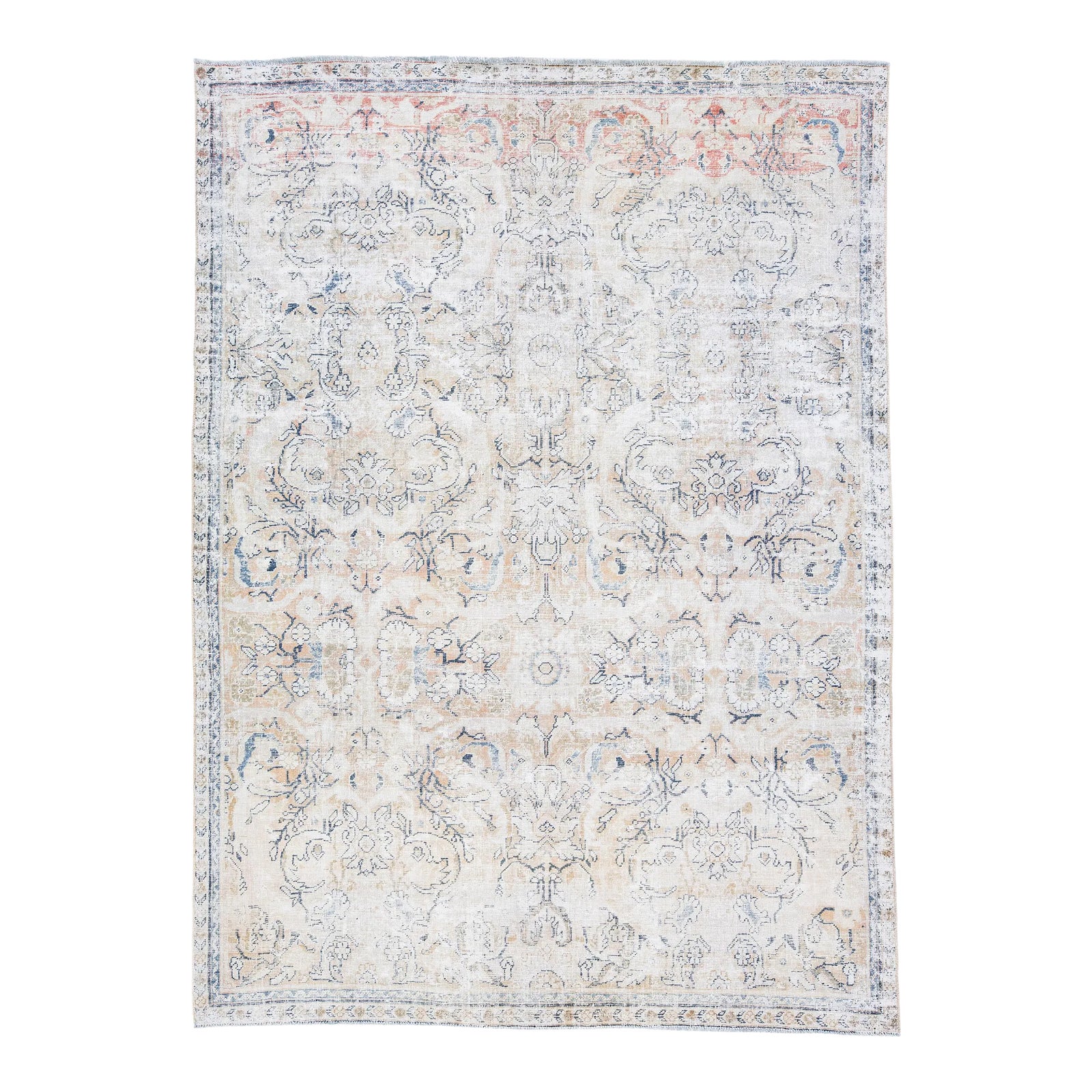 1960s Vintage Persian Mahal Distressed Beige Handmade Floral Wool Rug ...