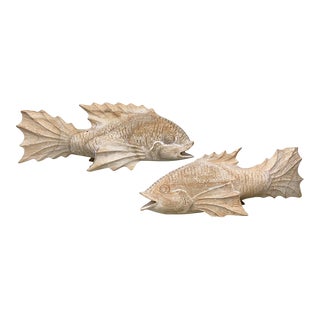 Vintage Teak Japanese Koi Fish Carved Sculpture - a Pair For Sale