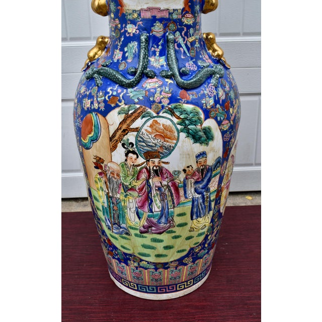 Blue 42 Chinese Floor Vase Famille Rose Gilt Dragon Handles Sanxing Star Gods For Sale - Image 8 of 16