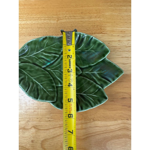 Vintage Portuguese Majolica Style Lemon Leaf Dish by Olfaire – French Country Green Glazed Ceramic Catchall For Sale - Image 10 of 12