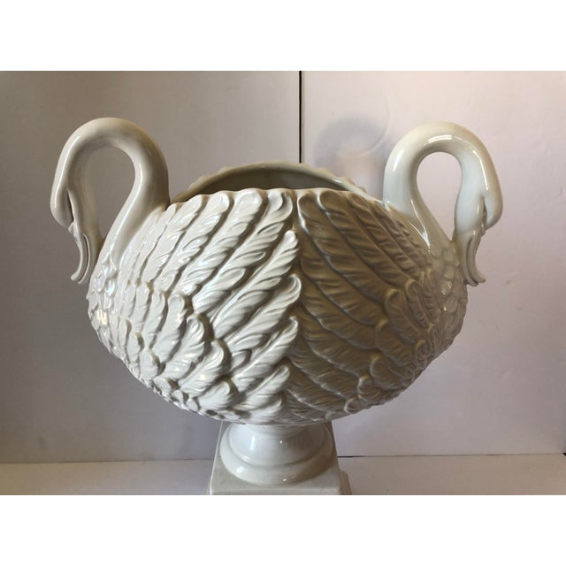 Vintage white Italian pottery swan urn centerpiece. Marked 'Italy'.