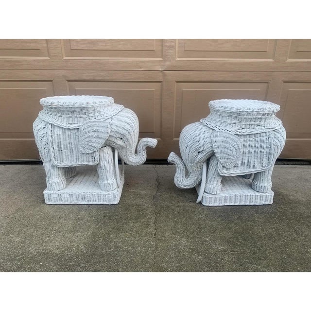 Wood 1970s White Wicker Rattan Elephant Garden Stools or Side Tables, Pair For Sale - Image 7 of 10