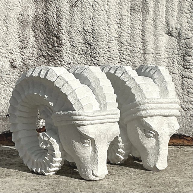 Vintage Boho Plaster Rams Heads - Set of 2 For Sale - Image 4 of 7