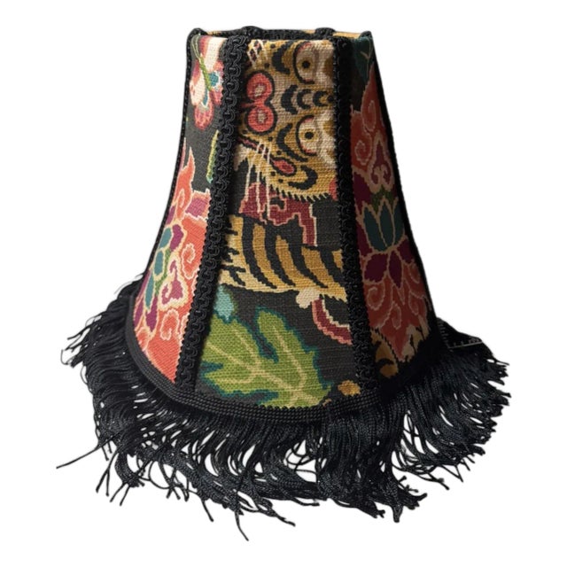 P. Kaufmann “Tiger Eye Basketweave Slate” Fabric Lampshade With Black and Gold Trim For Sale