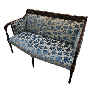 Handsome Hand Carved 19th C. Sheridan Settee or Sofa Upolstered in Designer Silk Cut Velvet For Sale