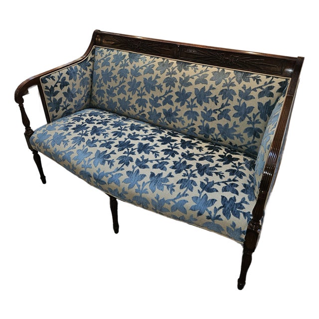 Handsome Hand Carved 19th C. Sheridan Settee or Sofa Upolstered in Designer Silk Cut Velvet For Sale