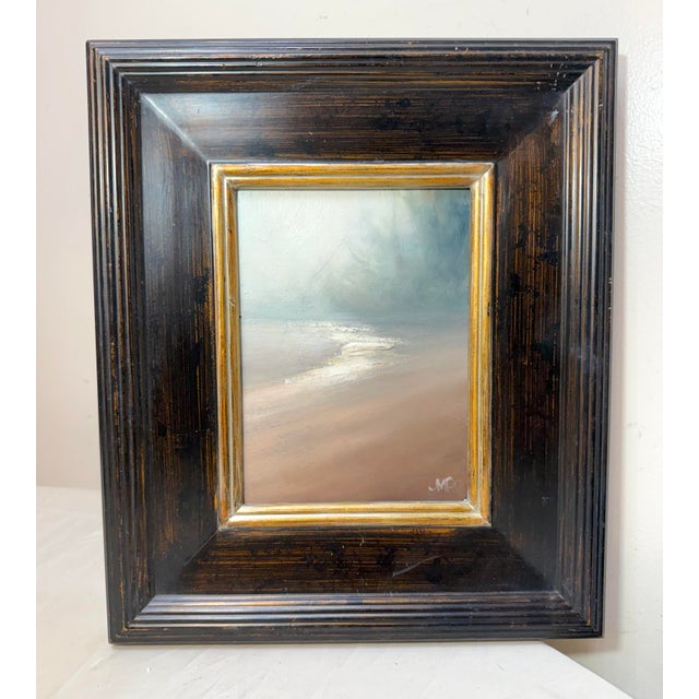 This contemporary original JMP foggy coastline seascape beach oil painting is a unique and handcrafted piece of art....